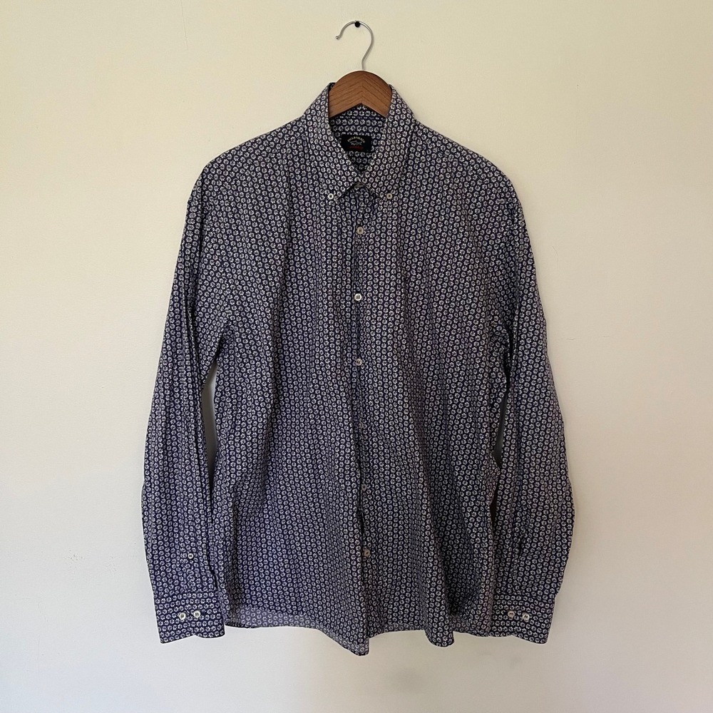 Paul & Shark Yachting Mens Navy Blue Floral Daisy Button Down Shirt Size 43 17